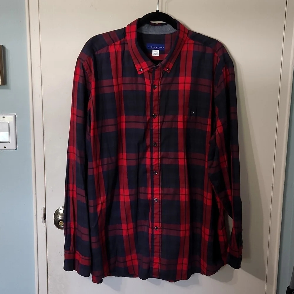 Men’s Simply Styled Red and Navy Plaid Button-Up Shirt - Picture 2 of 11